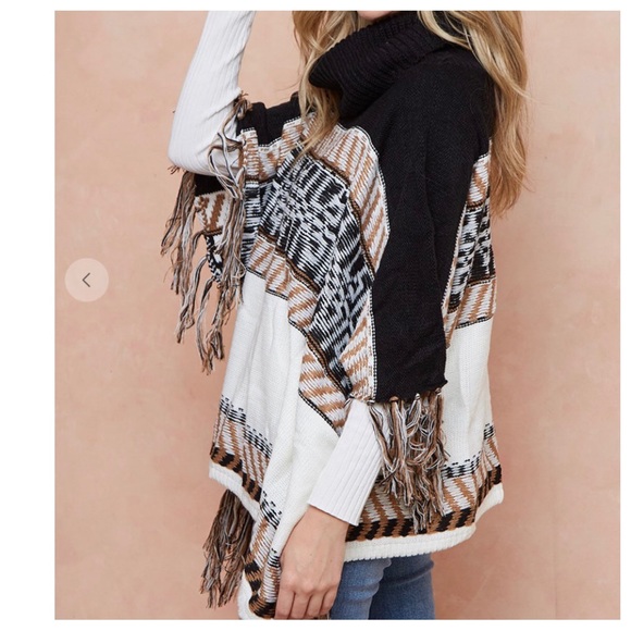 Cowl Neck Sweater Black/Camel/Ivory Isle Poncho with Fringes - Picture 3 of 5